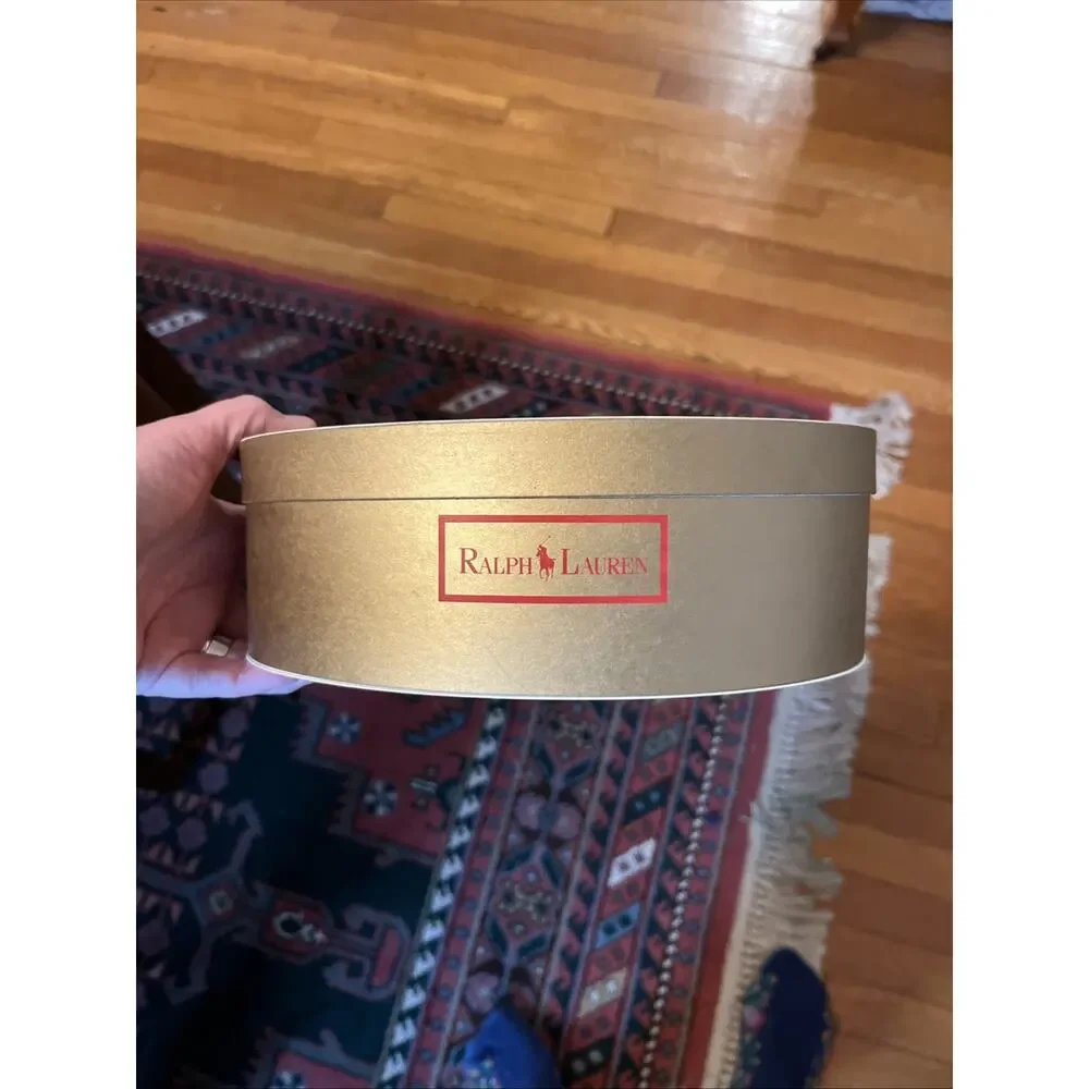 Vintage Ralph Lauren Polo Gold Gift Box Hat Box with Red Lettering Oval Empty